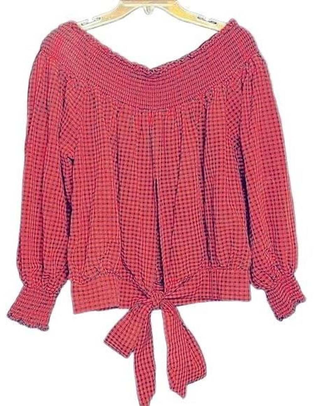 Red & Black Plaid Lantern Sleeve Off Shoulder Blouse